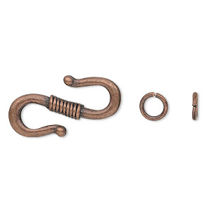 Clasp, S-hook, antique copper-finished &quot;pewter&quot; (zinc-based alloy), 23x14mm double-sided with rope wrap design and 6mm jump ring. Sold per pkg of 12.