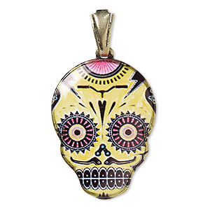 Pendant, resin and gold-finished brass, multicolored, 30x22mm Dia de los Muertos skull with open bail. Sold individually.