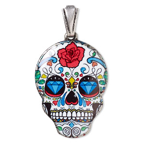 Pendant, resin and silver-plated brass, multicolored, 30x22mm Dia de los Muertos skull with rose and diamond pattern with open bail. Sold individually.