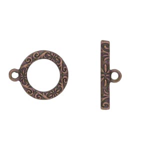 Clasp, toggle, antique copper-finished &quot;pewter&quot; (zinc-based alloy), 17mm single-sided round with vine and flower design. Sold per pkg of 8.