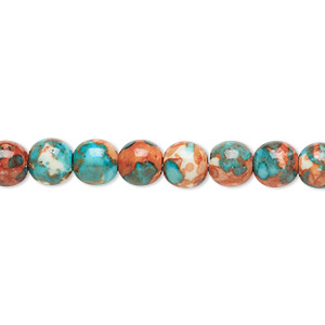 Bead, resin and painted ceramic, orange / blue / white, 6mm round. Sold per 15-1/2&quot; to 16&quot; strand.