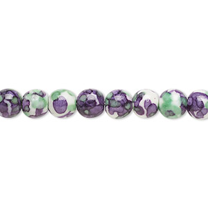 Bead, resin and painted ceramic, purple / green / white, 6mm round. Sold per 15-1/2&quot; to 16&quot; strand.