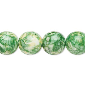 Bead, resin and painted ceramic, green / white / yellow, 12mm round. Sold per 15&quot; to 16&quot; strand.