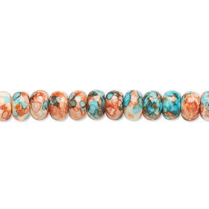 Bead, resin and painted ceramic, orange / blue / white, 6x4mm rondelle. Sold per 15-1/2&quot; to 16&quot; strand.