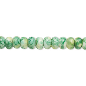 Bead, resin and painted ceramic, green / white / yellow, 6x4mm rondelle. Sold per 15-1/2&quot; to 16&quot; strand.