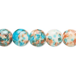 Bead, resin and painted ceramic, orange / blue / white, 10mm puffed flat round. Sold per 15-1/2&quot; to 16&quot; strand.