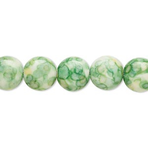 Bead, resin and painted ceramic, green / white / yellow, 10mm puffed flat round. Sold per 15&quot; to 16&quot; strand.