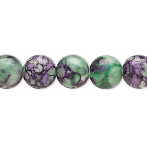 Bead, resin and painted ceramic, purple / green / white, 10mm puffed flat round. Sold per 15-1/2&quot; to 16&quot; strand.