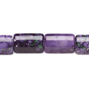 Bead, resin and painted ceramic, purple / green / white, 15x10mm puffed rectangle. Sold per 15-1/2&quot; to 16&quot; strand.
