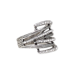 Ring, Austrian crystal and antique silver-plated &quot;pewter&quot; (zinc-based alloy), clear, 19mm wide with lines, size 8. Sold individually.