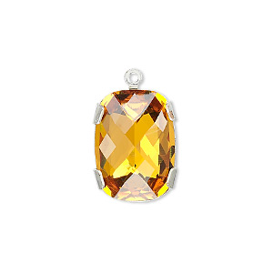 Drop, crystal and silver-plated brass, Crystal Passions&reg;, topaz with silver-foil back, 18x13mm single-stone faceted rounded rectangle. Sold individually.