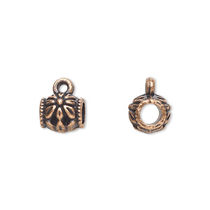 Bead, antique copper-plated &quot;pewter&quot; (zinc-based alloy), 8x7mm cylinder with flower design and closed loop. Sold per pkg of 20.