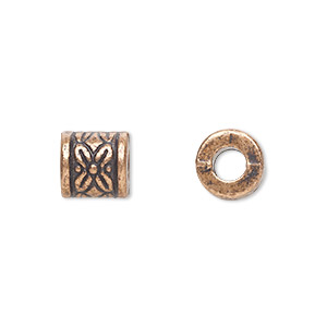 Bead, antique copper-plated &quot;pewter&quot; (zinc-based alloy), 8mm filigree cylinder. Sold per pkg of 20.