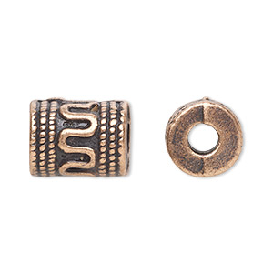 Bead, antique copper-plated &quot;pewter&quot; (zinc-based alloy), 13x10mm fancy cylinder. Sold per pkg of 20.