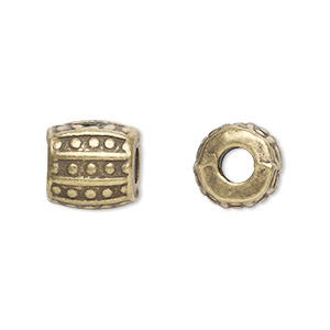 Bead, antique brass-plated &quot;pewter&quot; (zinc-based alloy), 10mm barrel. Sold per pkg of 20.
