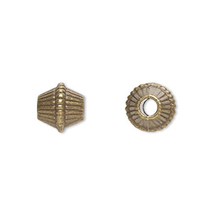 Bead, antique brass-plated &quot;pewter&quot; (zinc-based alloy), 9mm corrugated bicone. Sold per pkg of 20.