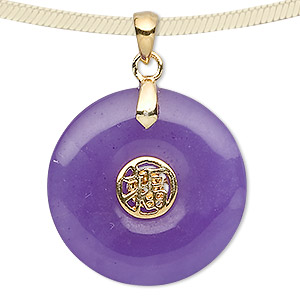 Pendant, jade (dyed) and gold-plated sterling silver, purple, 25mm round donut with luck symbol. Sold individually.