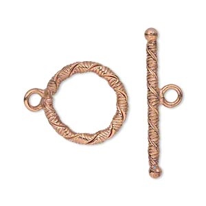 Clasp, toggle, copper, 18mm textured round with twist. Sold per pkg of 4.