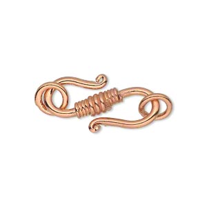 Clasp, S-hook, copper, 25x11mm with (2) 8mm closed jump rings. Sold per pkg of 4.