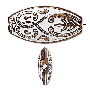 Bead, acrylic and enamel, bronze and white, 39x20mm double-sided flat oval with leaves and interlocking fish design, 2mm hole. Sold per pkg of 16.