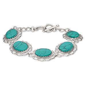 Bracelet, magnesite (dyed / stabilized / coated) with silver-plated brass and steel, turquoise green, 23x19mm oval, 6-1/2 and 7 inches with toggle clasp. Sold individually.