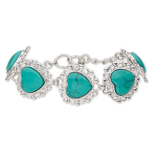 Bracelet, magnesite (dyed / stabilized / coated) with silver-plated brass and steel, turquoise green, 22mm wide with 23x22mm heart, 6 and 6-1/2 inches with toggle clasp. Sold individually.