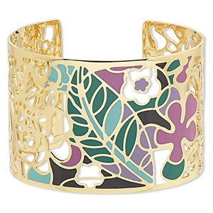 Bracelet, Avant-Garde Jewelry Collection&#153;, cuff, enamel and gold-plated brass, multicolored, 50mm wide with cutout and floral design, adjustable from 7-1/2 to 8 inches. Sold individually.