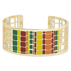 Bracelet, Avant-Garde Jewelry Collection&#153;, cuff, enamel and gold-plated brass, multicolored, 30mm wide with cutout and geometric design, adjustable from 7-8 inches. Sold individually.