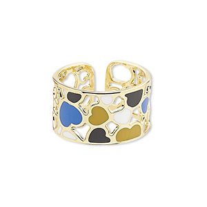 Ring, Avant-Garde Jewelry Collection, enamel and gold-plated brass, multicolored, 12mm wide with cutout and heart design, adjustable. Sold individually.