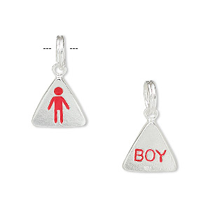 Charm, sterling silver, 19x11mm triangle two-sided with boy in red. Sold individually.