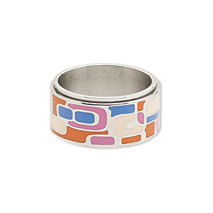 Ring, Avant-Garde Jewelry Collection, enamel and stainless steel, multicolored, 11mm wide with geometric design, size 8-1/2. Sold individually.