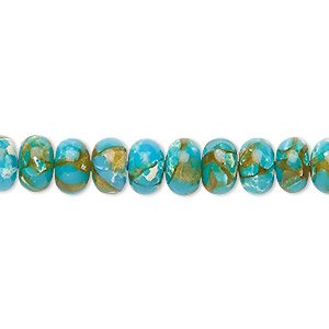 Bead, resin and multi-stone (dyed / assembled), turquoise blue / brown / white, 8x5mm rondelle. Sold per 8-inch strand, approximately 35 beads.