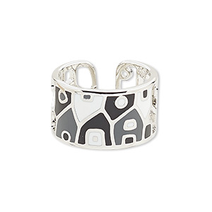 Ring, Avant-Garde Jewelry Collection, enamel and imitation rhodium-plated brass, grey / black / white, 13mm wide with cutout and abstract design, adjustable. Sold individually.