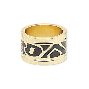 Ring, Avant-Garde Jewelry Collection, enamel and gold-plated brass, black, 14mm wide with abstract design, size 8-1/2. Sold individually.