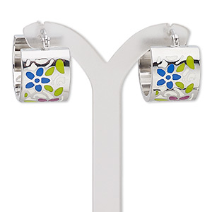 Earring, Avant-Garde Jewelry Collection, enamel and stainless steel, multicolored, 22mm 3/4 round hoop with floral design and latch-back closure. Sold per pair.