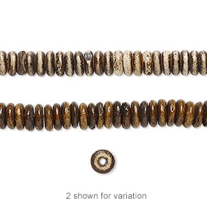 Bead, bone (dyed), antiqued brown and cream, 5x2mm rondelle, Mohs hardness 2-1/2. Sold per 15-1/2&quot; to 16&quot; strand.