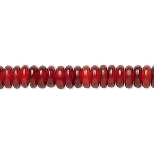 Bead, horn (dyed), red, 6x2mm hand-cut rondelle. Sold per 15-1/2&quot; to 16&quot; strand.