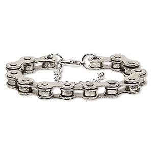 Bracelet, silver- and antique silver-plated steel, 6mm wide with 22x6mm bicycle chain, 6 inches with 2-inch extender chain and lobster claw clasp. Sold individually.