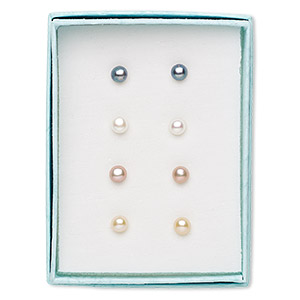 Earstud, cultured freshwater pearl (bleached / dyed) and stainless steel, assorted colors, 4.5-5mm button with post. Sold per pkg of 4 pairs.