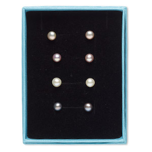 Earstud, cultured freshwater pearl (bleached / dyed) and stainless steel, assorted colors, 5.5-6mm button with post. Sold per pkg of 4 pairs.