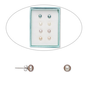 Earstud, cultured freshwater pearl (bleached / dyed) and stainless steel, assorted colors, 6.5-7mm button with post. Sold per pkg of 4 pairs.