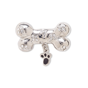 Spot pin, enamel / Czech glass rhinestone / silver-plated brass / &quot;pewter&quot; (zinc-based alloy), black and clear, 27x24mm dog bone. Sold individually.