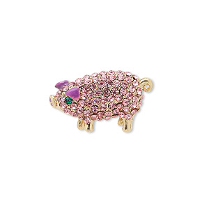 Spot pin, Czech glass rhinestone / enamel / gold-finished brass / &quot;pewter&quot; (zinc-based alloy), purple / pink / green, 22x14mm pig. Sold individually.