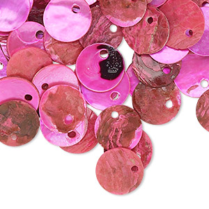 Drop, mussel shell (dyed / coated), fuchsia, 10mm flat round. Sold per pkg of 100.