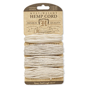 Cord, Hemptique&reg;, polished hemp, natural, 0.5mm / 1mm / 1.5mm / 1.8mm diameter, 10- / 20- / 36- / 48-pound test. Sold per card.