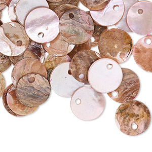 Drop, mussel shell (dyed / coated), pink, 10mm flat round, Mohs hardness 3-1/2. Sold per pkg of 100.