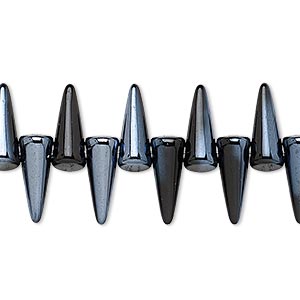Bead, Preciosa, Czech pressed glass, opaque black and metallic blue, 13x5mm top-drilled spike. Sold per 15-1/2&quot; to 16&quot; strand, approximately 80-85 beads.