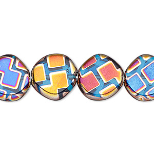 Bead, Czech pressed glass, semitransparent metallic rainbow blue, 15mm non-uniform flat round with geometric pattern. Sold per 15-1/2&quot; to 16&quot; strand.