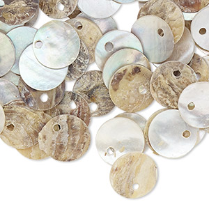 Drop, mussel shell (natural / coated), natural 10mm flat round, Mohs hardness 3-1/2. Sold per pkg of 100.