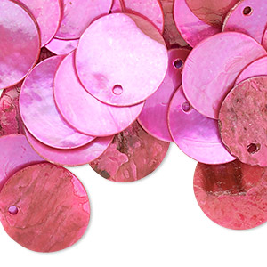 Drop, mussel shell (dyed / coated), fuchsia, 15mm flat round. Sold per pkg of 100.